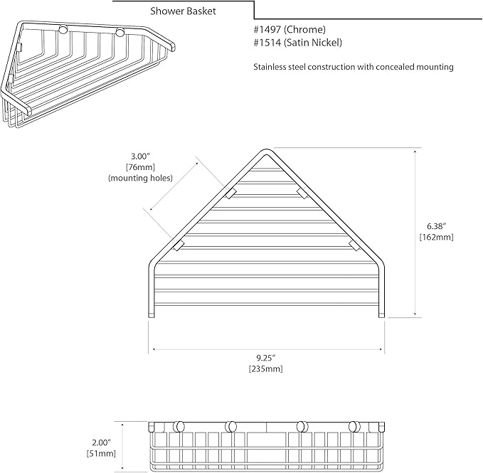 Gatco 1497MX Shower Basket, 9.25", Matte Black | Wall Mounted Stainless Steel Corner Shower Caddy | Bathroom Corner Shelf Organizer in Matte Black