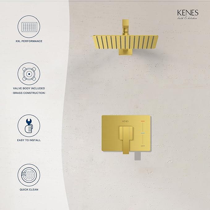 KENES Brushed Gold Shower Faucet, Modern Square 10-Inch Shower Head and Handle Set, Bathroom Rainfall Shower System Wall Mount, KE-6024B-4 (Including Shower Valve) - ModernBath