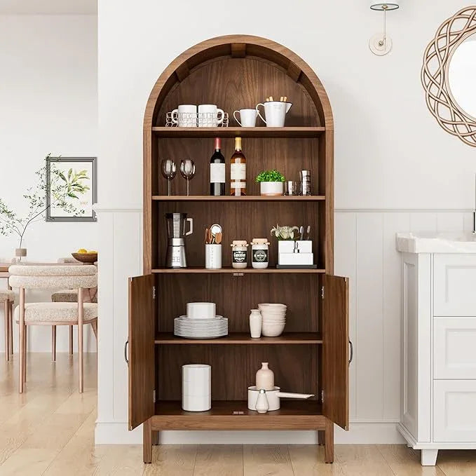 70.9" Tall Storage Cabinet with Fluted Doors, Arched Freestanding Cabinet with 5 Shelves, Wooden Bookcase Storage Cabinet Suitable for Living Room, Dining Room, Bathroom - ModernBath