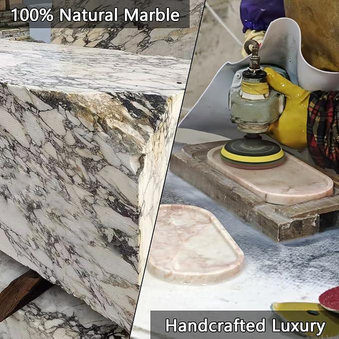 Real Luxurious Natural Marble Vanity Tray Genuine Marble Storage Tray for Home Decor Stone Tray for Bathroom/Kitchen/Vanity/Dresser Non-Resin/Non-Ceramic/Viola Oval Set - ModernBath