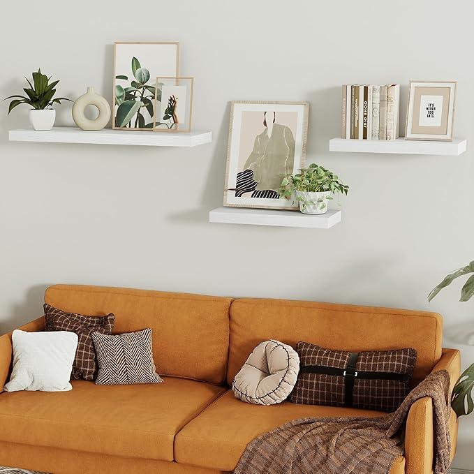 Vivelove 16 inch Floating Shelves for Wall, Bathroom Shelves Over Toilet, Wall Shelf for Bedroom, Living Room, Kitchen, Office Home Decor, Narrow Shelves with Invisible Brackets - Set of 2, White - ModernBath