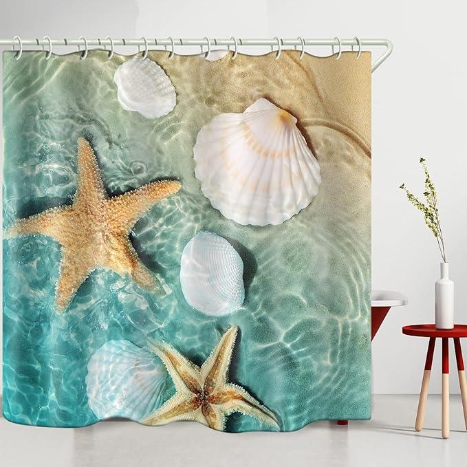 LYFANS Shower Curtains Waterproof Polyester Fabric,Large Width Bright Partition Curtain with Scallop Beach Print,Shower Curtain Liner for Bathtub Bathroom with 12 White Hooks (72 x72 inches) - ModernBath