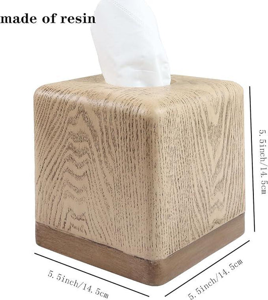 Hymmah Wooden Texture Square Tissue Box Cover Cube Tissue Holder Unique Design Klenex Box Dispenser for Bathroom Vanity Counter Tops Also Great for Bedrooms and Living Rooms - ModernBath