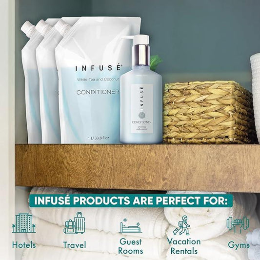 INFUSÉ 1 Liter Conditioner Refill Bag For Soap Dispensers | Bulk Toiletries for Vacation Rentals, and Home Bathroom Showers | White Tea and Coconut | Set of 12 - ModernBath