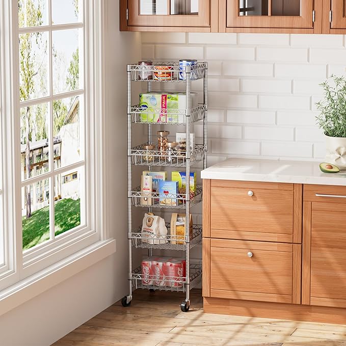 6 Shelves Storage Shelf Wire Closet Bathroom Organizers Metal Pantry Kitchen Garage Shelving Unit Laundry Room Organization Home Rack Net Basket Silver with Wheels 14" Dx14 Wx64.8 H