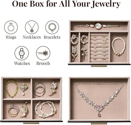pickpiff Jewelry Box Organizer Case for Women: 3-Layer Jewelry Storage Case with Glass Window, Black Leather with Blush Velvet, Holder for Ring Necklace Bracelet Brooch Watch, Great Gift for Her - ModernBath
