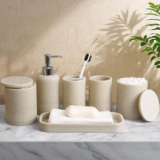 LIN CHUAN 6-Piece Bathroom Accessories Set, Bathroom Accessory Set with Soap Dispenser, Toothbrush Holder Set, Vanity Tray, Tumbler & 2 Cotton Swab Jars, Modern Stylish Bathroom Organizer(Beige) - ModernBath