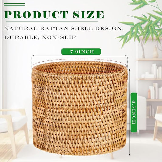 2 Pcs Mini Rattan Bathroom Trash Can Handmade Wicker Waste Basket Small Cylinder Storage Table Baskets for Bathroom Home Bedroom Kitchen Storage Office Desktop Essential