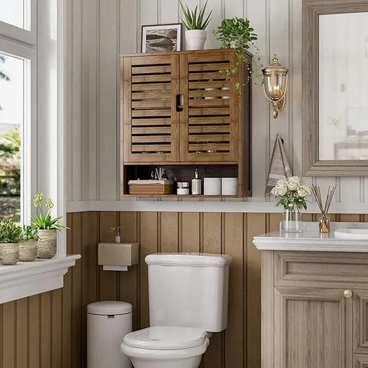 SMIBUY Bathroom Cabinet Wall Mounted, Bamboo Over-The-Toilet Storage Organizer, Space Saver Medicine Cabinet with 2 Door and Adjustable Shelves (Walnut) - ModernBath