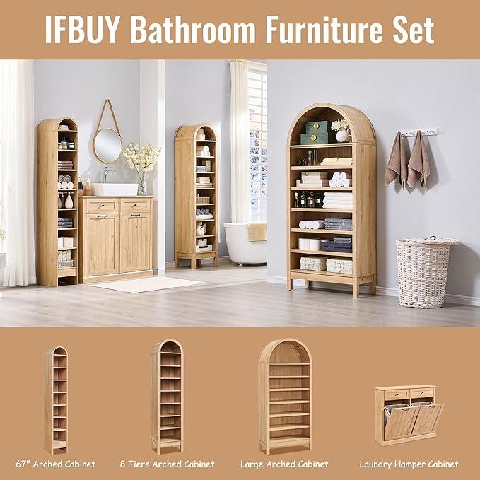 71" Tall Arched Bathroom Storage Cabinet, 7-Tier Modern Farmhouse Storage Cabinet with Adjustable Shelves, Wood Freestanding Cabinet for Bathroom, Living Room, Entryway, Hallway (Natural) - ModernBath