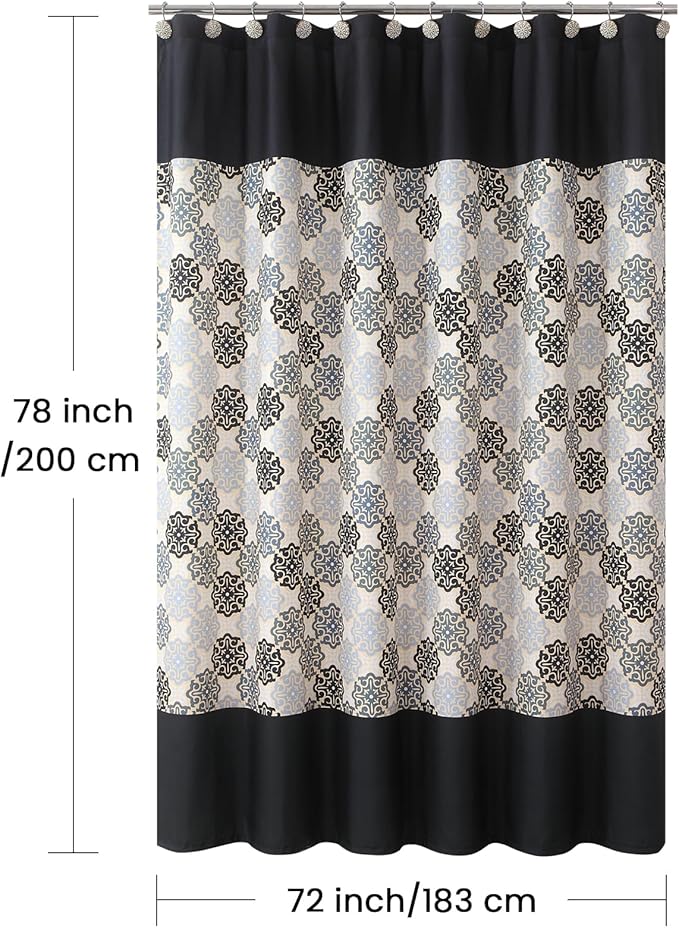 BESTRIPES Fabric Shower Curtain 78 Inches Long, Black Beige Grey Boho Medallion Print Shower Curtains for Bathroom, 72" W x 78" H