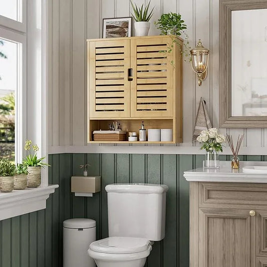 SMIBUY Bathroom Cabinet Wall Mounted, Bamboo Over-The-Toilet Storage Organizer, Space Saver Medicine Cabinet with 2 Door and Adjustable Shelves (Natural) - ModernBath