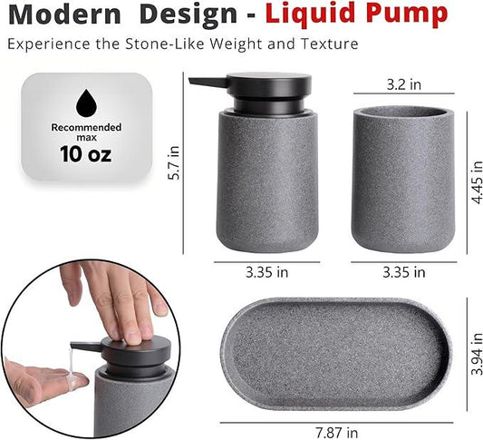Clasin Home 3 Pcs Bathroom Accessories Set, Liquid Soap Dispenser with Large Pump, Toothbrush Holder Cup and Soap Dish, Sandstone Texture Bathroom Counter Set for Modern Home (Gray) - ModernBath