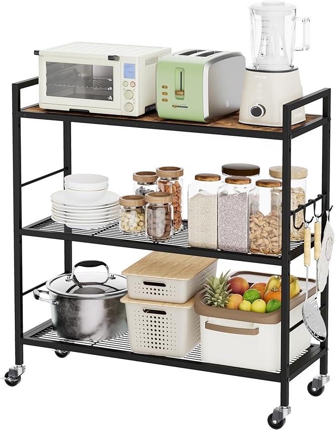 3-Tier Metal Storage Rack with Industrial Wheels,Mesh Shelving Unit with Wooden Table top,Adjustable Shelf,31.5-Inch Width, for Kitchen, Laundry,Pantry,Plant,Black - ModernBath