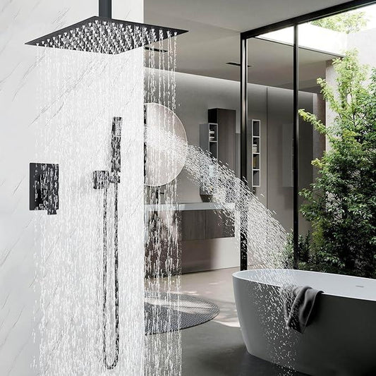 Shower Faucet Set Matte Balck Rain Shower System with High Pressure 8 Inches Rain Shower Head and Handheld Spray Bathroom Luxury Mixer Shower Faucet Set Complete Combo Set Ceiling Mounted - ModernBath