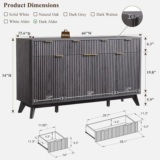 OKD Fluted Storage Cabinet with Drawers, 60" Morden Buffet Sideboard Coffee Bar Cabinet with 4 Doors and 3 Drawers for Dining Room, Living Room,Hallway (Dark Alder)