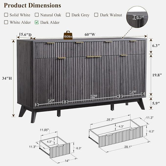 OKD Fluted Storage Cabinet with Drawers, 60" Morden Buffet Sideboard Coffee Bar Cabinet with 4 Doors and 3 Drawers for Dining Room, Living Room,Hallway (Dark Alder) - ModernBath
