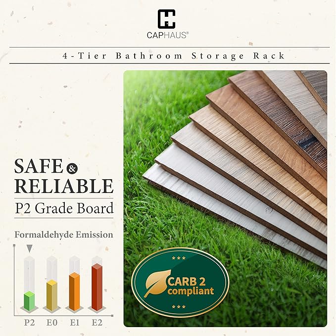 CAPHAUS Over The Toilet Storage, 4-Tier Bathroom Organizer, Freestanding Toilet Shelf, Multifunctional Space Saver Toilet Rack with 4 Hooks, Laundry Organizer, Plant Stand for Balcony (Rustic Oak)