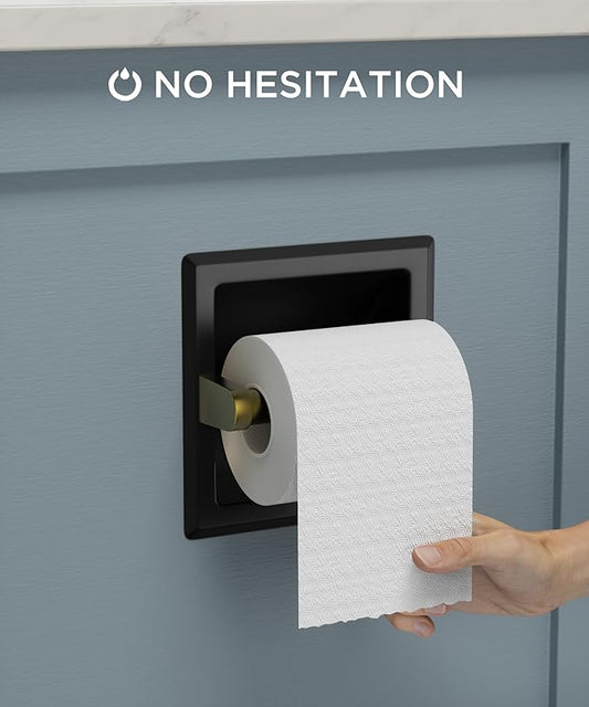 FORIOUS Recessed Toilet Paper Holder, Stainless Steel Durable Tissue Roll Holder Wall Mount for Bathroom Space Saving Design with Mounting Bracket, Wall Square Toilet Paper Dispenser, Black&Gold