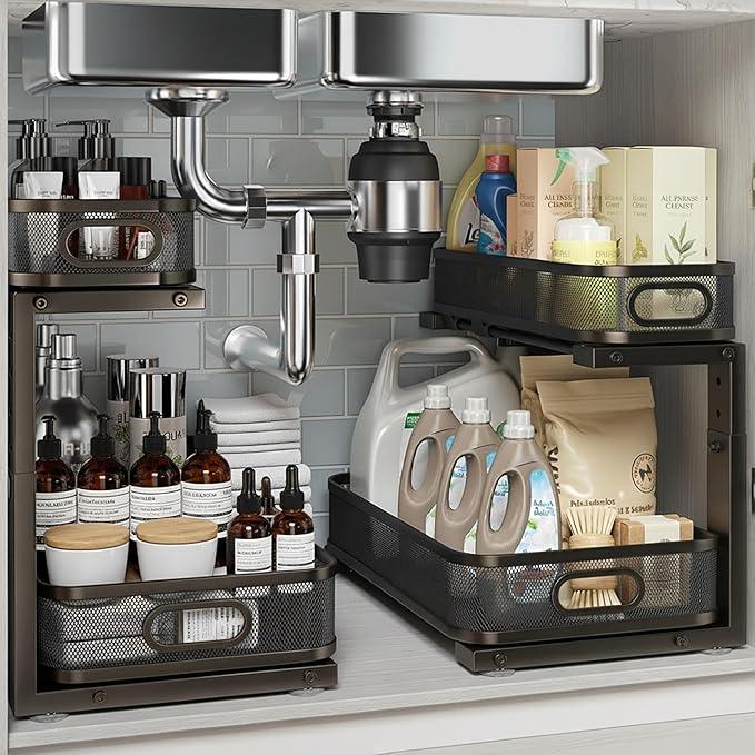 2 Pack Under Sink Organizer, Dual-Layer Pull Out Mesh Cabinet Rack with 5-Level Height Adjustment, Rust-Resistant Sliding Storage for Bathroom & Kitchen, Multi-Purpose 2-Tier Shelf(Black) - ModernBath