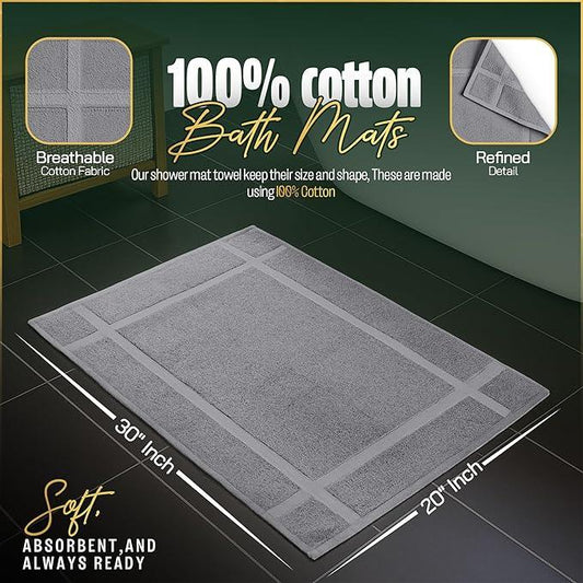 Pearl Linens 100% Ring Spun Cotton Bath Mat (Pack of 2) 20 x 30 Inch, Washable, Soft & Absorbent Terry Bathroom Floor Mat – Not Bathroom Rugs – Quick-Dry After Shower Bath Mat, 687 GSM, Light Grey - ModernBath