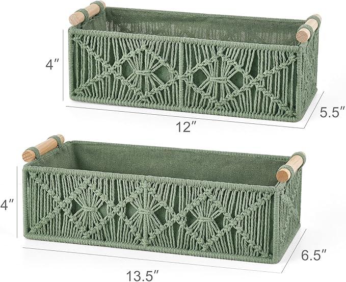 Mkono Macrame Storage Baskets Boho Decor Box Handmade Woven Decorative Countertop Toilet Tank Shelf Cabinet Organizer for Bedroom Livingroom Home, Set of 2, Green - ModernBath