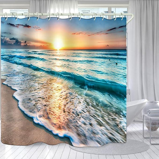 LYFANS Bathroom Uses Beach Sunset 3D Shower Curtain, Luxurious Bathtub Standard Shower Curtains, Waterproof and Bright Fabric Shower Curtains, Size (72x79 inches) - ModernBath