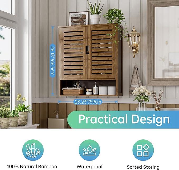 SMIBUY Bathroom Cabinet Wall Mounted, Bamboo Over-The-Toilet Storage Organizer, Space Saver Medicine Cabinet with 2 Door and Adjustable Shelves (Walnut) - ModernBath