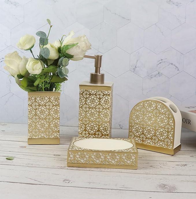 Hymmah Gold Bathroom Accessories Set,Farmhouse Bathroom Decor,4 Pcs Resin Gift Set Apartment Necessities, Contain Cotton Swab Jar,Soap Dispenser,Tumbler,Soap Dish/Tray - ModernBath