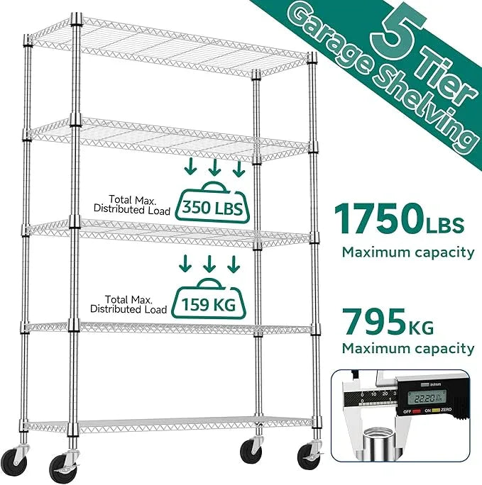 5 Tiers Shelf 1750 lbs Steel Storage Shelving Utility Shelving Unit Steel Organizer Wire Rack for Home,Kitchen,Office,Garage Chrome 17.7" D x 47.2" W x 76.8" H - ModernBath