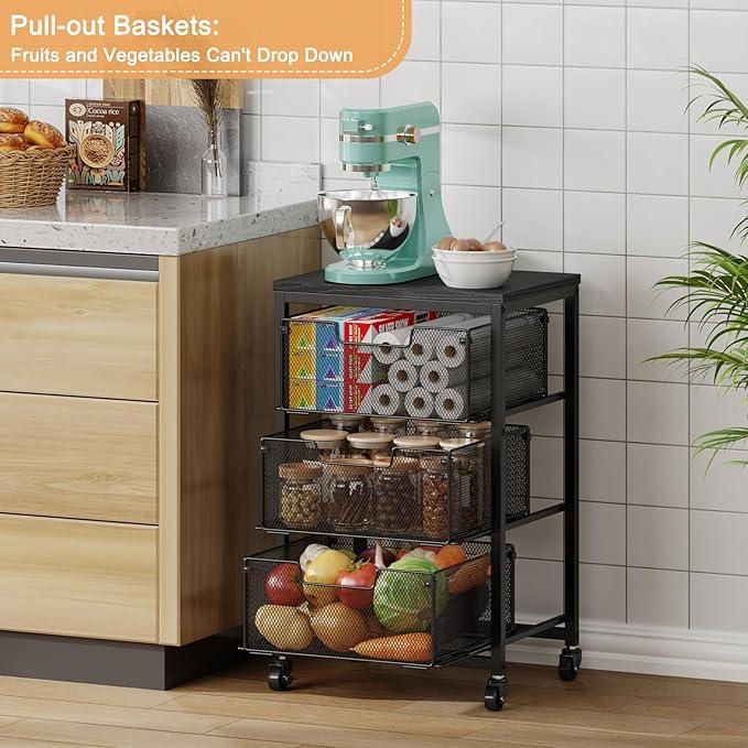 Pantry Organizer and Storage Cart, 3-Tier Kitchen Storage Cart with Drawer, Fruit Vegetable Storage Cart with Wheels, Wooden Top Metal Wire Kitchen Organizer Rack Stand for Food Snack Onion Potato - ModernBath
