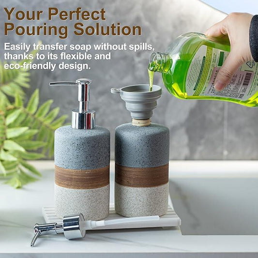 Cormomu Ceramic Soap Dispenser Set(2 Pack) – Hand Soap, Dish Soap, Shampoo & Shower Soap Dispenser for Bathroom & Kitchen, Stainless Steel Pump, Includes Silicone Funnel & Diatomaceous Tray, Gray - ModernBath