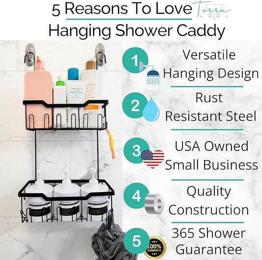 Black Shower Caddy Hanging - Rust-Proof 304 Stainless Steel Shower Caddy with Rotatable Hooks and Adhesives - Ideal for Bathroom Essentials - Convenient for Bathroom Toiletries
