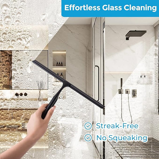 Quntis 10-Inch Matte Black Shower Squeegee for Glass Doors – Stainless Steel with Non-Slip Handle, Replacement Blade & Hook – Ideal for Bathroom, Mirrors, Tiles, and Car Windows