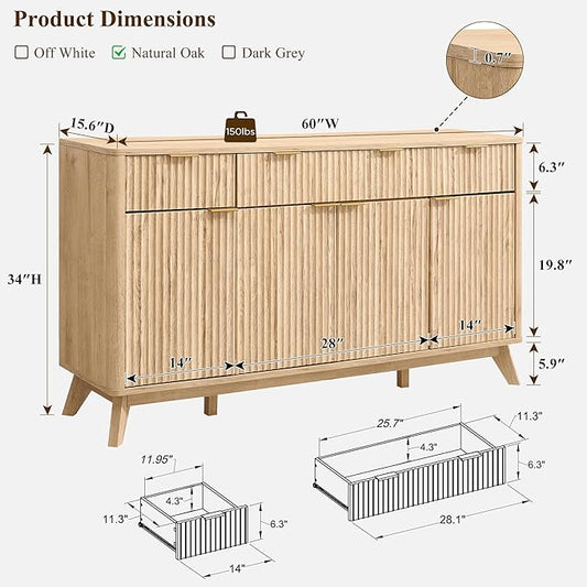 OKD Fluted Storage Cabinet with Drawers, 60" Morden Buffet Sideboard Coffee Bar Cabinet with 4 Doors and 3 Drawers for Dining Room, Living Room,Hallway (Natural Oak)