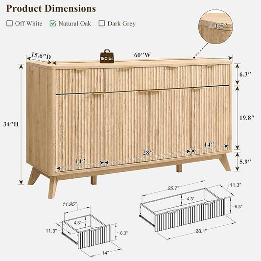 OKD Fluted Storage Cabinet with Drawers, 60" Morden Buffet Sideboard Coffee Bar Cabinet with 4 Doors and 3 Drawers for Dining Room, Living Room,Hallway (Natural Oak) - ModernBath