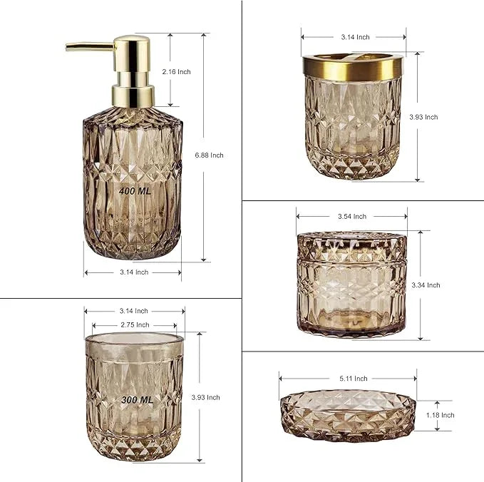 LaMarriti Brown Bathroom Accessories Set, 5Pcs Clear Glass Bathroom Accessories, Lotion Soap Dispenser, Toothbrush Holder Set, Soap Dish, Qtip Holder, Tumbler for Vintage Bathroom Decor, Gift Set - ModernBath
