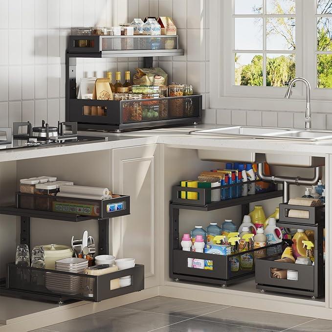 2 Pack 18.5IN-Depth Under Sink Organizer With Next-Gen Ball-Bearing Slides,2-Tier Pull Out Cabinet Storage,Height Adjustable Drawer Shelf for Bathroom,Kitchen,Laundry,Cabinet,Pantry-Black - ModernBath