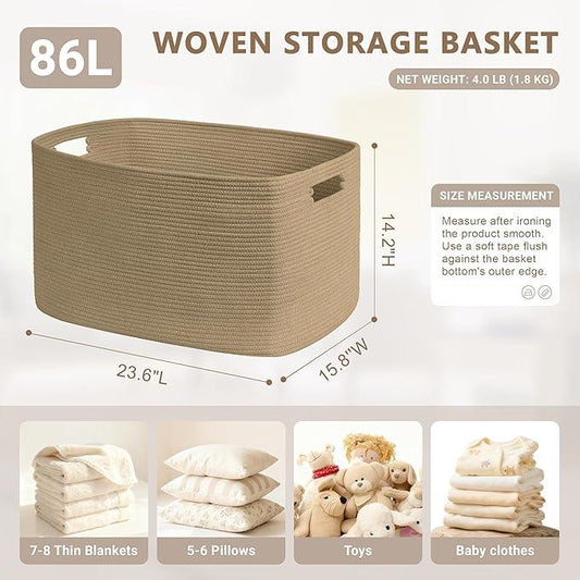 86L Large Wicker Laundry Basket for Living Room Storage,Boho Woven Cotton Rope Baskets for Kids Toy,Gifts,Square Blanket Hamper for Bedroom Dirty Clothes,Jute - ModernBath