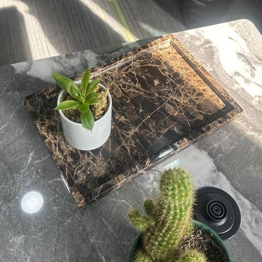 GHYFGD Natural Marble Tray for Bathroom Countertop, Dark Brown Marble Stone Tray for Kitchen Counter (Coffee Net, 12" x 8") - ModernBath