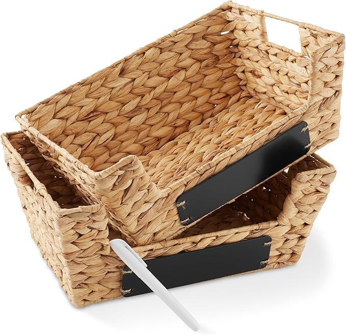 Casafield Set of 2 Water Hyacinth Pantry Baskets with Handles, Chalkboard Labels, and Marker - Natural, Wide Woven Storage Bin Organizers for Kitchen Shelves - ModernBath