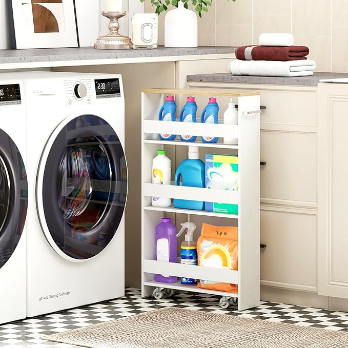 Small Kitchen Cart, 4-Tier Slim Rolling Island w/Handle, Laundry Room Storage Organizers Between Washer and Dryer, Narrow Spice Rack on Wheels Next to Fridge (White & Natural, 5'')