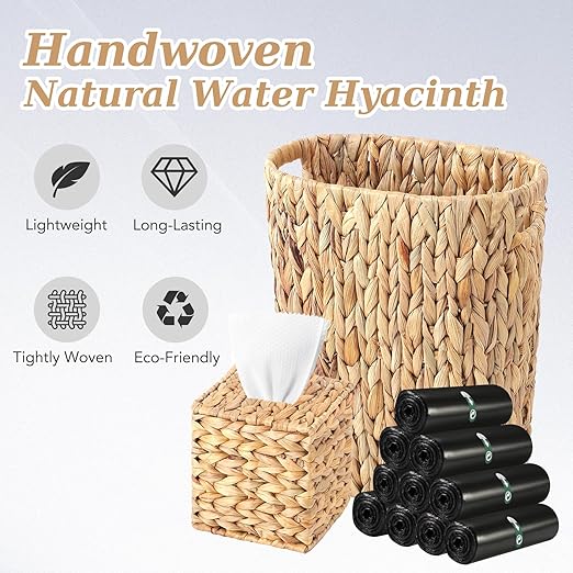 Wicker Trash Can with 150 Count 5 Gallon Trash Bag, Square Tissue Box Holder, Handwoven Waterproof Waste Basket 15L with Handles, Wicker Home Set for Bedroom, Bathroom, Kitchen (Black Trash Bag)