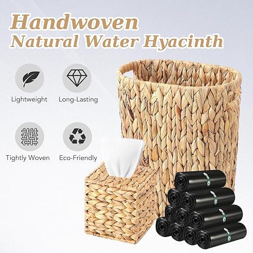 Wicker Trash Can with 150 Count 5 Gallon Trash Bag, Square Tissue Box Holder, Handwoven Waterproof Waste Basket 15L with Handles, Wicker Home Set for Bedroom, Bathroom, Kitchen (Black Trash Bag) - ModernBath