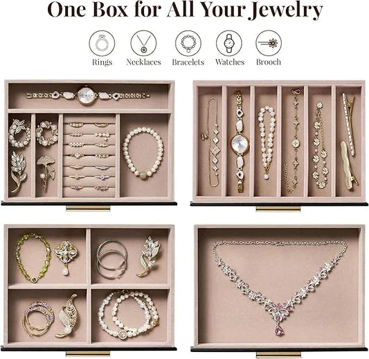 pickpiff Jewelry Box Organizer Case for Women: 4-Layer Jewelry Storage Case with Glass Window, Black Leather with Blush Velvet, Holder for Ring Necklace Bracelet Brooch Watch, Great Gift for Her - ModernBath