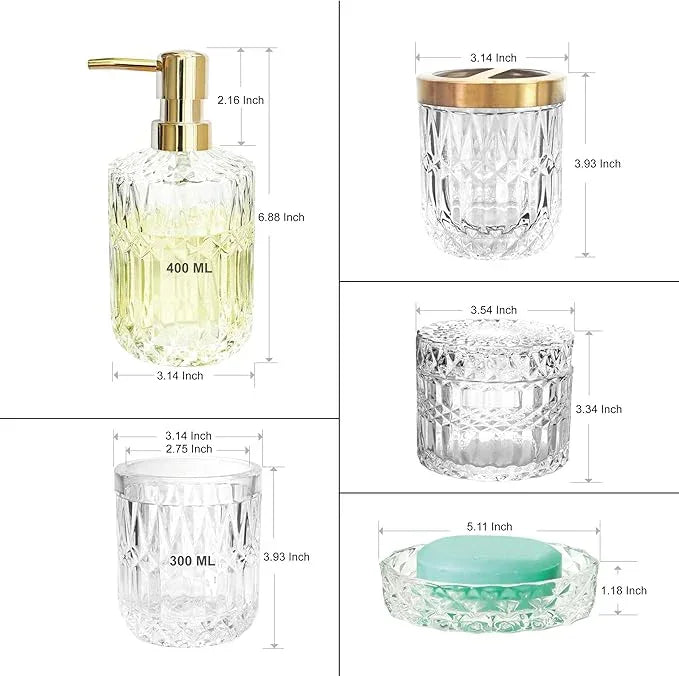 LaMarriti Glass Bathroom Accessories Set, 5pcs Crystal Clear Bathroom Set Accessories, Soap Dispenser, Toothbrush Holder Set, Soap Dish, Tumbler, Qtips Holder for Vintage Bathroom Decor, Gift Set - ModernBath