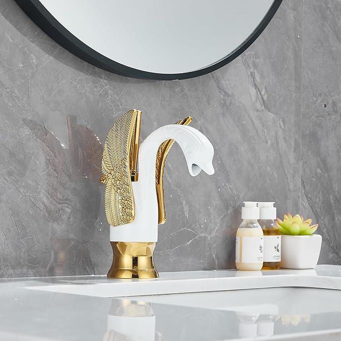 GGStudy Bathroom Faucet White Mixed Gold Swan Single Handle 1 Hole Bathroom Vanity Faucet Basin Tap Deck Mount Lavatory - ModernBath