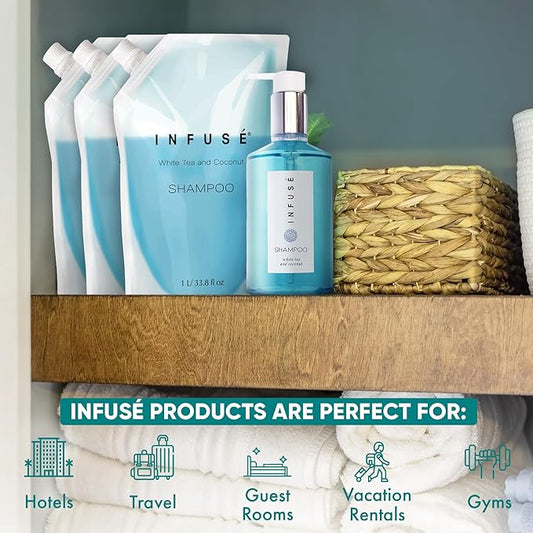 INFUSÉ 1 Liter Shampoo Refill Bag For Soap Dispensers | Bulk Toiletries for Vacation Rentals, and Home Bathroom Showers | White Tea and Coconut | Set of 12