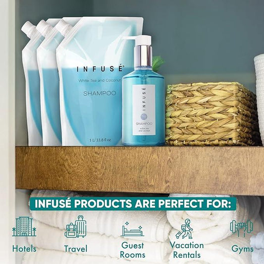 INFUSÉ 1 Liter Shampoo Refill Bag For Soap Dispensers | Bulk Toiletries for Vacation Rentals, and Home Bathroom Showers | White Tea and Coconut | Set of 12 - ModernBath