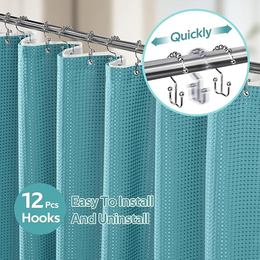 Vipfree 3 in 1 Shower Curtain Set, Waffle Shower Curtain and Liner Set with 12 Double Sided Shower Curtain Hooks, 258GSM Luxury Weighted Cloth Shower Curtains for Bathroom, 72 W x 72 H, Teal